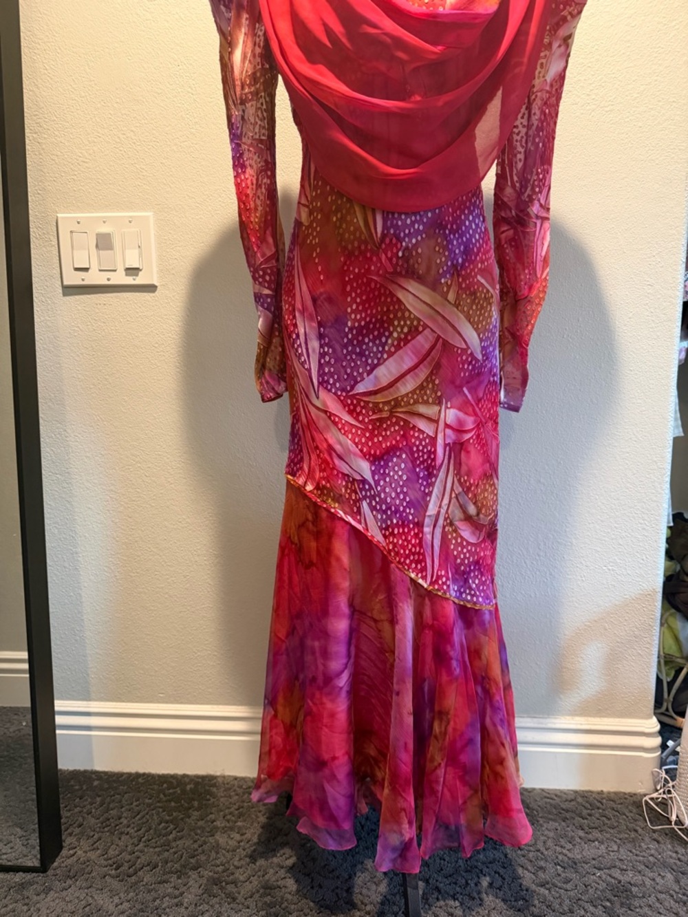 Vintage Judy Hornby Couture Pink & Purple Printed Maxi Dress with Draped Scarf - Picture 6 of 10